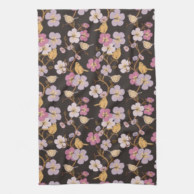 Whimsical Slapande Blommor och Fåglar - Svart/Grå Kökshandduk (Vertikal)