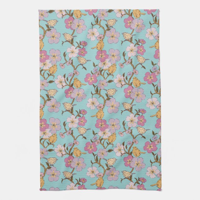 Whimsical Slapande Blommor och Fåglar - Turkos Kökshandduk (Vertikal)