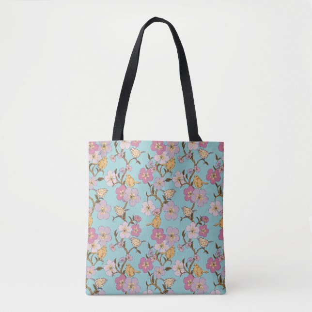 Whimsical Slapande Blommor och Fåglar - Turkos Tygkasse (Framsida)