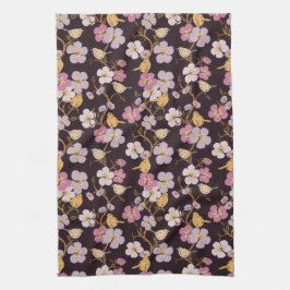 Whimsical Slingrande Blommor och Fåglar - Svart/Rö Kökshandduk