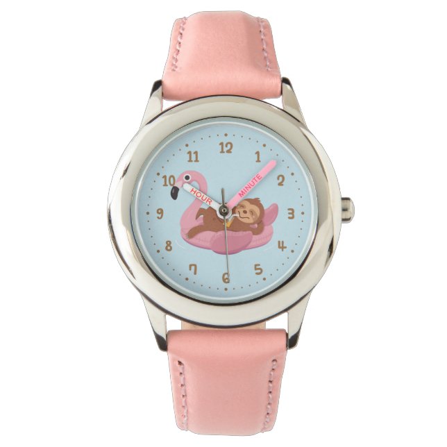 Whimsical Sloth På Rosa Flamingo Flotte Flickor Ur Armbandsur (Framsida)