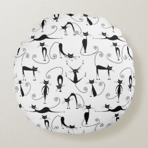Whimsical Smal Svart Katt Mönster Rund Kudde