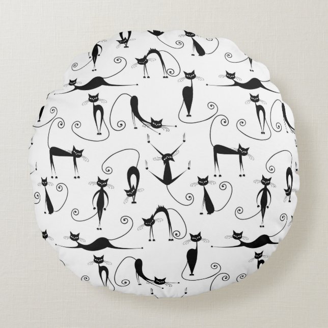 Whimsical Smal Svart Katt Mönster Rund Kudde (Framsidan)