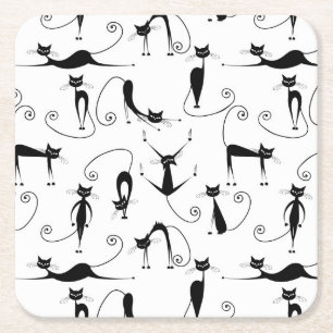 Whimsical Smal Svart Katt Mönster Underlägg Papper Kvadrat