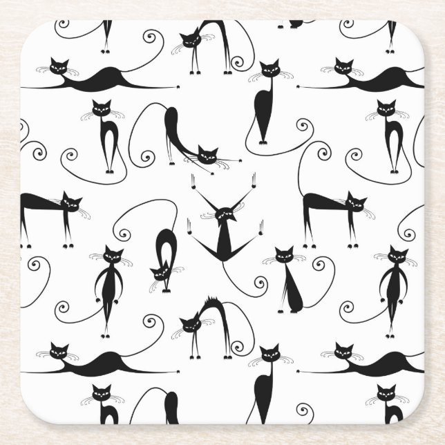 Whimsical Smal Svart Katt Mönster Underlägg Papper Kvadrat (Framsidan)
