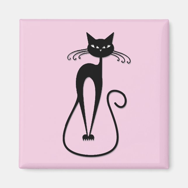 Whimsical Smal Svart Katt Rosa Magnet (Framsidan)