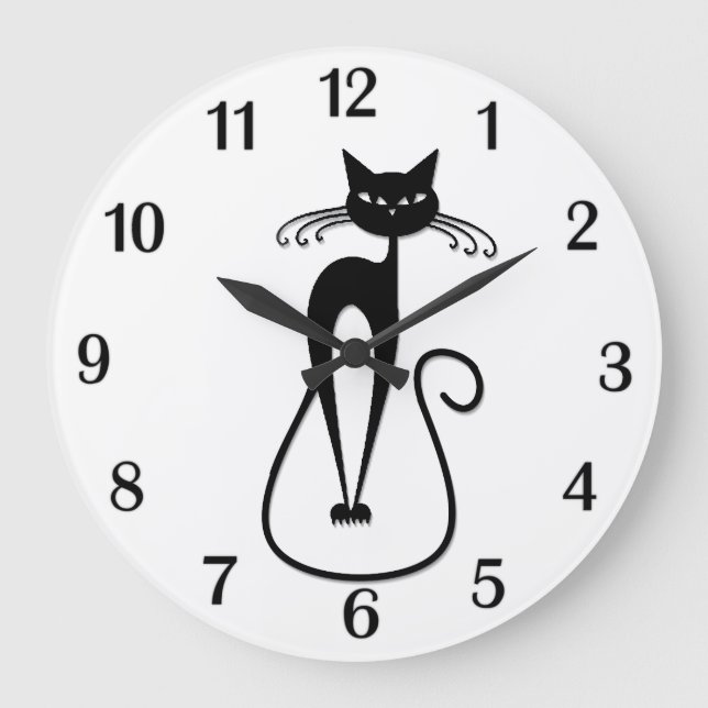 Whimsical Smal Svart Katt Svarta Nummer Stor Klocka (Framsida)