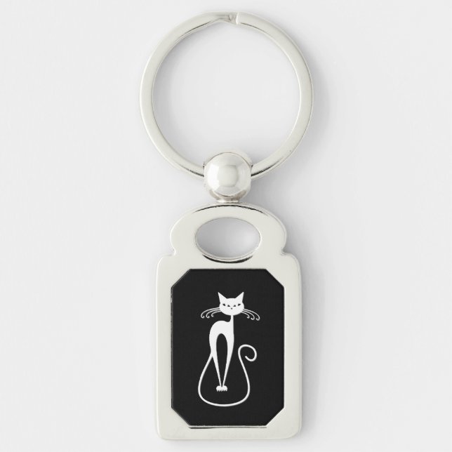 Whimsical Smal Vit Katt  Rektangulärt Silverfärgad Nyckelring (Framsidan)