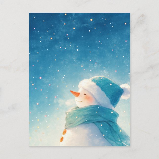 Whimsical Smiling Snowman Under Starry Sky Vykort (Framsida)