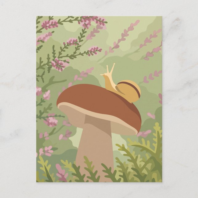 Whimsical Snigel på Vild Svamp Skog Konst Vykort (Framsida)