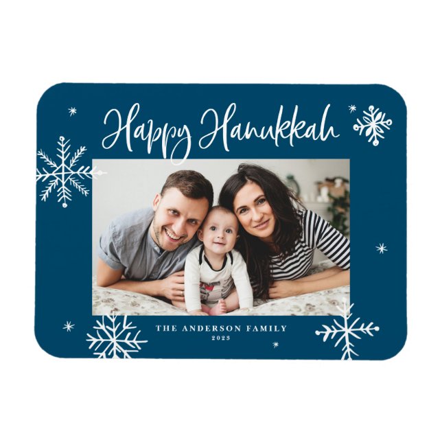 Whimsical Snöflingor Blue Lycklig Hanukkah Photo Magnet (Horisontell)