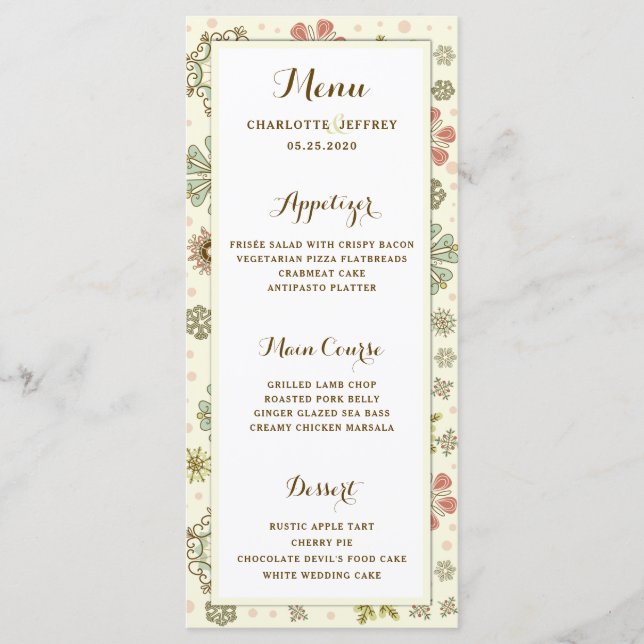 Whimsical Snöflingor Bröllop Menu Meny (Framsida)