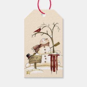Whimsical Snögubbe kardinal Sleigh Snö Träd Presentetikett