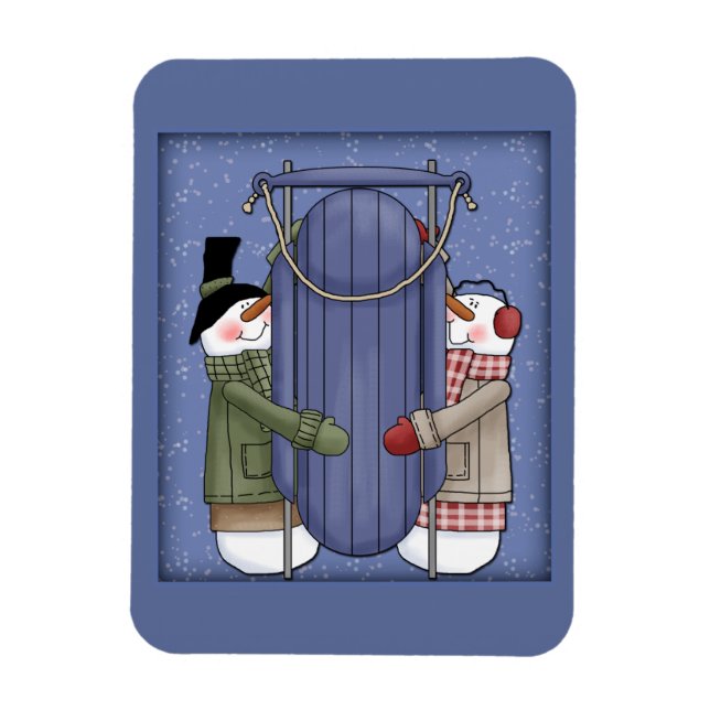 Whimsical Snögubbe med sledge Magnet (Vertikal)