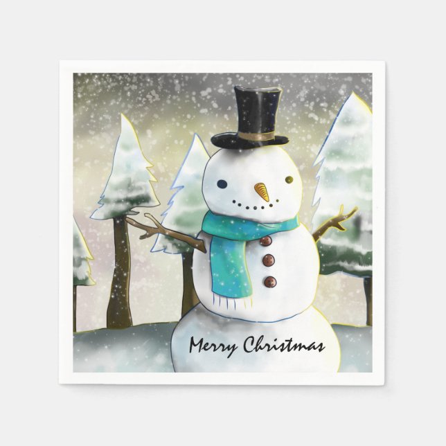 Whimsical Snöman i Vinter Jul Ritning Pappersservett (Framsidan)