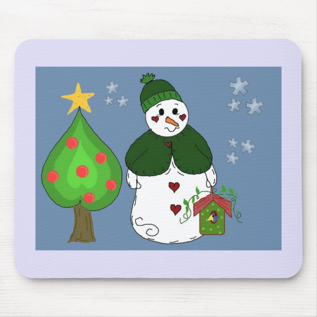 Whimsical Snöman Med Fågelholk Musmatta (Framsidan)