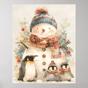 whimsical Snömannen Pingviner Watercolor Vinter De Poster