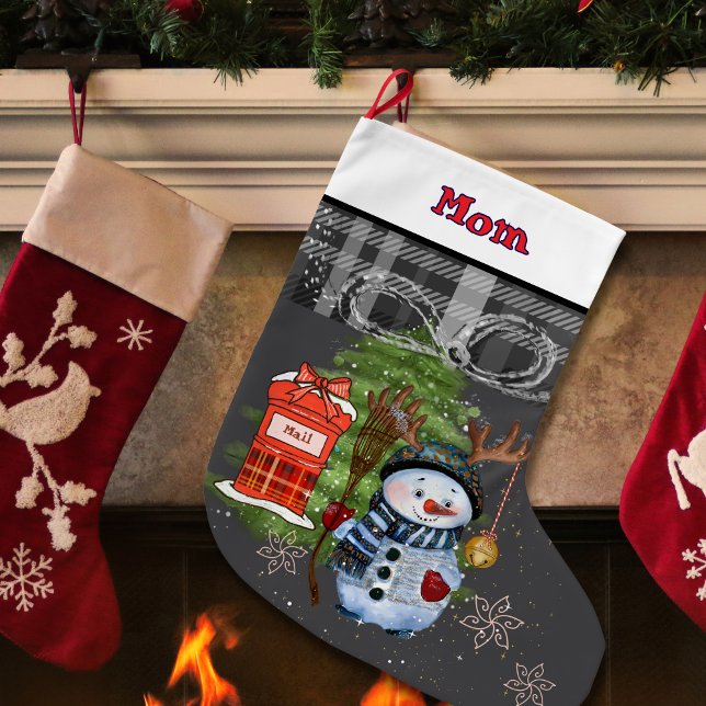 Whimsical Snömannen Postlåda Julstrumpa Jag Mamma (Whimsical Snowman Mailbox Christmas Stocking I Mom)
