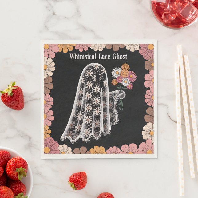 Whimsical Snöre Ghost Illustration med Blommigt Pappersservett (Insitu)