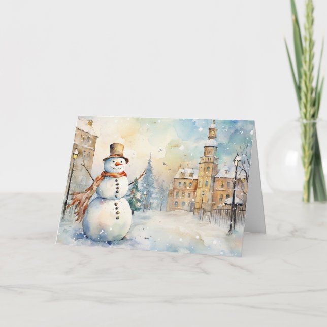 Whimsical Snowman in a Snowy Village Greeting Kort (Framsida)