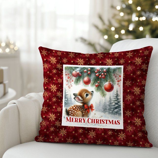Whimsical snowy forest baby deer festive Christmas Kudde (Whimsical snowy forest baby deer festive Christmas pillow)