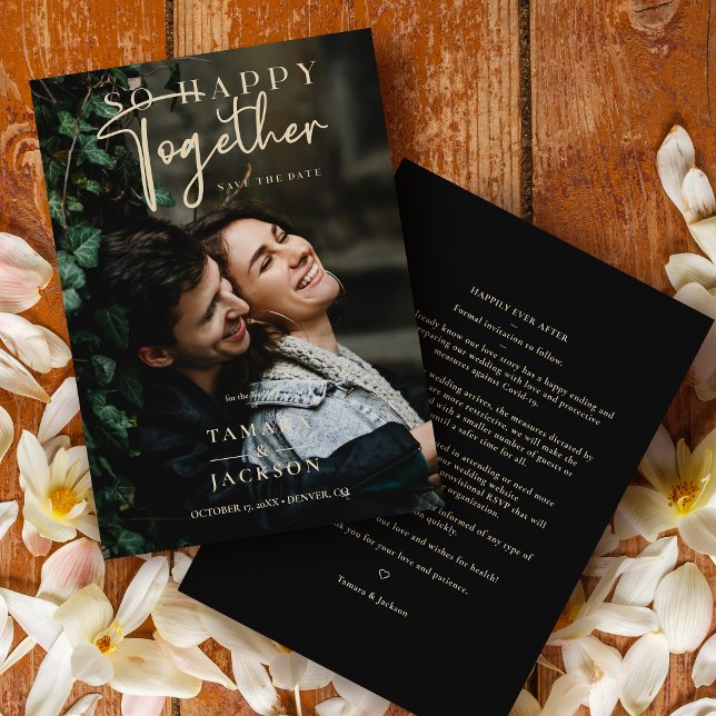 Whimsical So Happy Together Quote Photo Wedding Spara Datumet (Whimsical So Happy Together Faux Gold Quote Photo Wedding Save the Date Card with Envelope. )