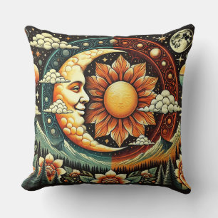 Whimsical Sol och Måne i en Surreal Kosmos Kudde