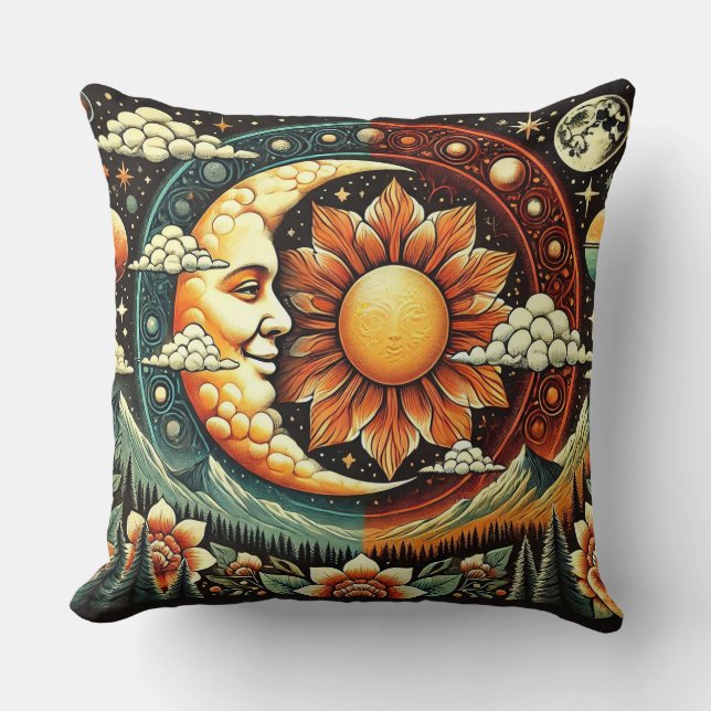Whimsical Sol och Måne i en Surreal Kosmos Kudde (Framsida)