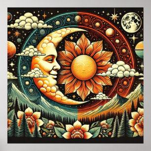 Whimsical Sol och Måne i en Surreal Kosmos Poster