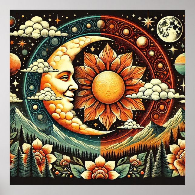 Whimsical Sol och Måne i en Surreal Kosmos Poster (Framsidan)