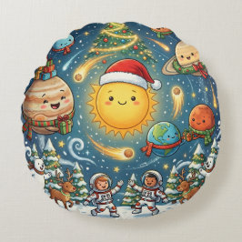 Whimsical Solar System Christmas Party with peopl Rund Kudde