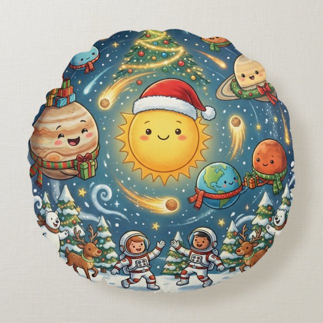  Whimsical Solar System Christmas Party with peopl Rund Kudde (Framsidan)
