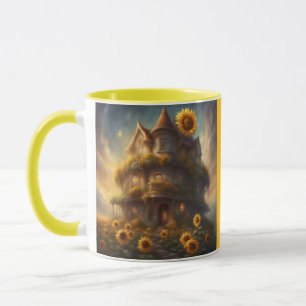 Whimsical Solros Hus i fält av solrosor Mugg