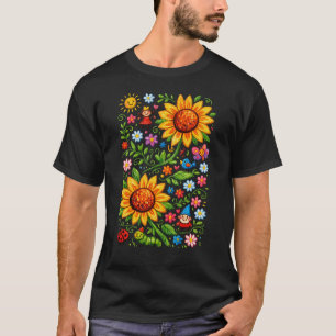 Whimsical Solros Trädgårds Folkkonst T Shirt