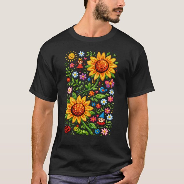 Whimsical Solros Trädgårds Folkkonst T Shirt (Framsida)