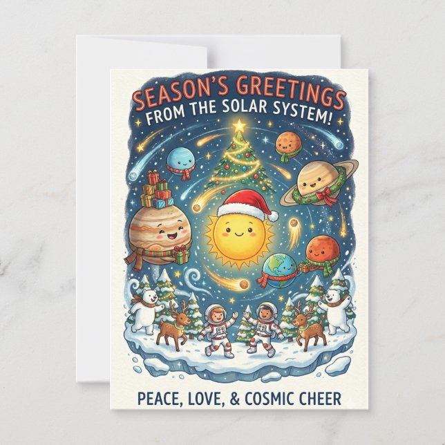 Whimsical solsystem julfest med människor magnetisk inbjudningskort (Framsida)
