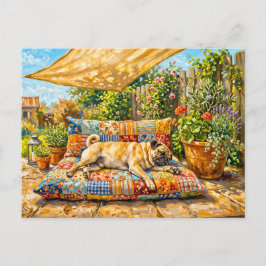 Whimsical Sommarterrass Mops Hund Illustration Vykort