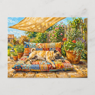 Whimsical Sommarterrass Mops Hund Illustration Vykort