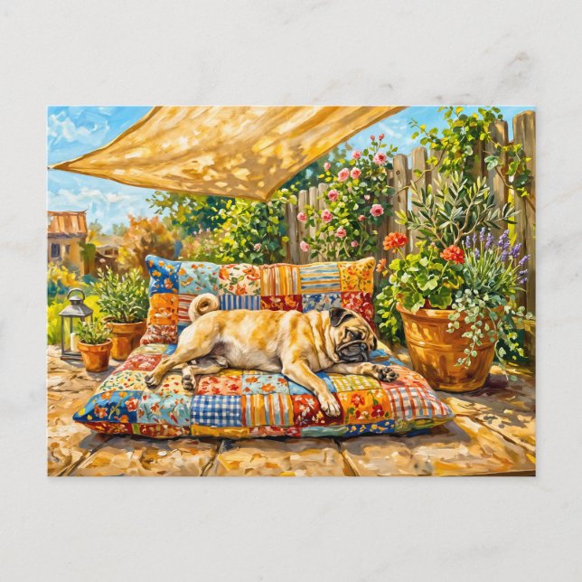 Whimsical Sommarterrass Mops Hund Illustration Vykort (Framsida)