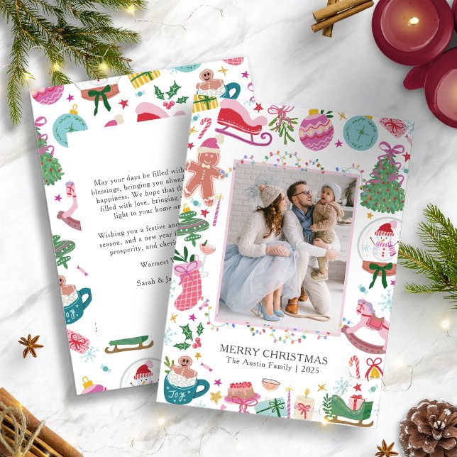 Whimsical Söt Färgrik Jul Julkort (Joyful Holiday Invitation with Whimsical Christmas Icons and Festive Photo Design by Painted Paperie)