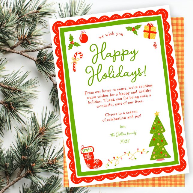 Whimsical söt jul CUSTOM Scalloped  Julkort (Whimsical Cute Christmas CUSTOM Scalloped Hand-drawn Gingham Non-Photo Holiday Card
)