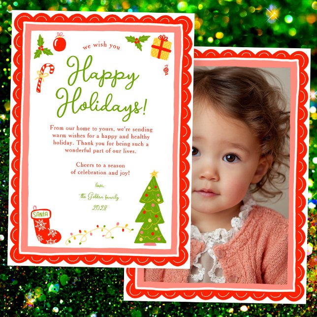 Whimsical söt jul FOTO MED EGEN TEXT Scalloped Julkort (Whimsical Cute Christmas Hand-drawn CUSTOM PHOTO Scalloped Edge Holiday Card
)