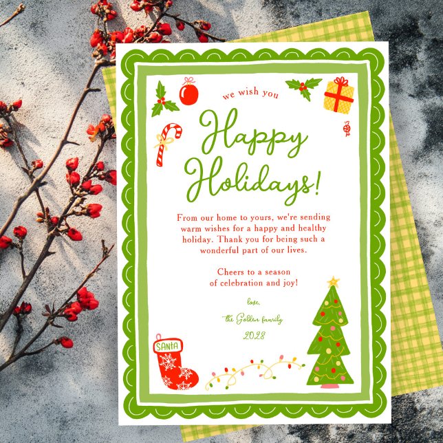 Whimsical söt jul SPECIALFORMATerad  Julkort (Whimsical Cute Christmas CUSTOM Scalloped hand drawn no photo Holiday Card
)