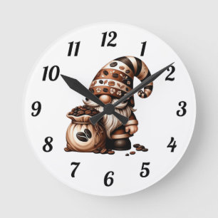 Whimsical Söt Kaffe Tomte Brun Vit Present Rund Klocka
