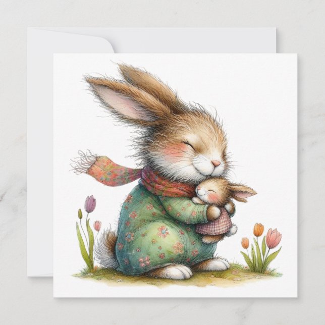 Whimsical söt kanin mors dag mamma och barn kort (Framsida)