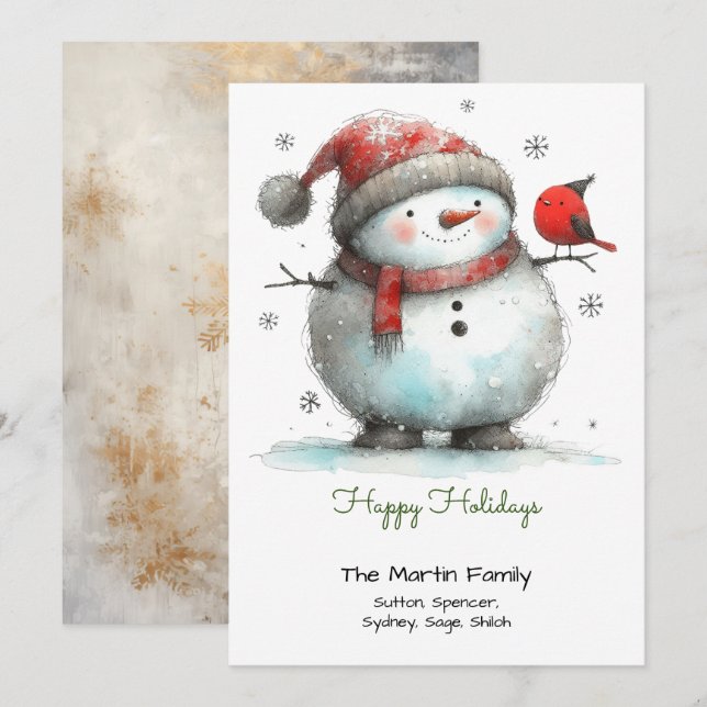 Whimsical Söt Snöman och Röd Fågel Grön Glad  Julkort (Fram/baksida)