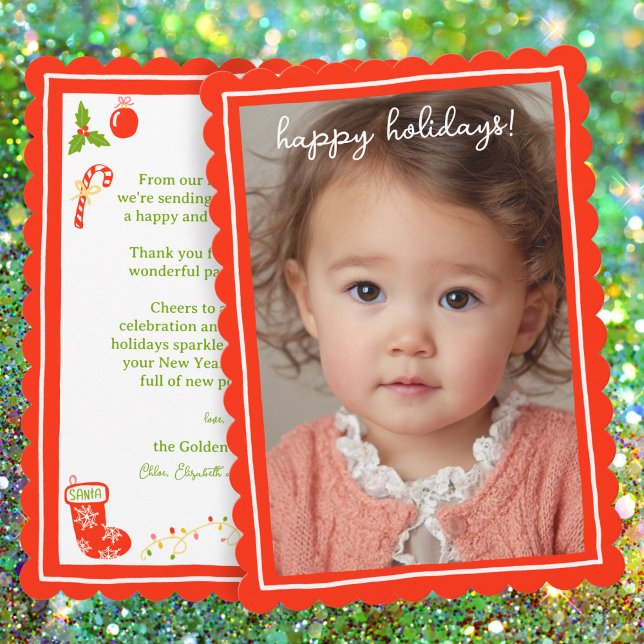 Whimsical söta ikoner jul KUSTOM FOTO Julkort (Whimsical Cute Icons Christmas CUSTOM PHOTO Scalloped Edge Holiday Card
)