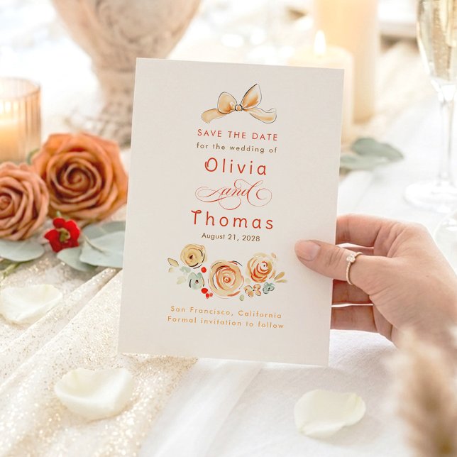 Whimsical söta jordiga blommor Bow Spara datumet (Save The Date Whimsical Cute Terracotta Floral Bow Cards)