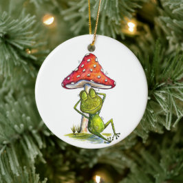 Whimsical sovande groda under en svamp julgransprydnad keramik