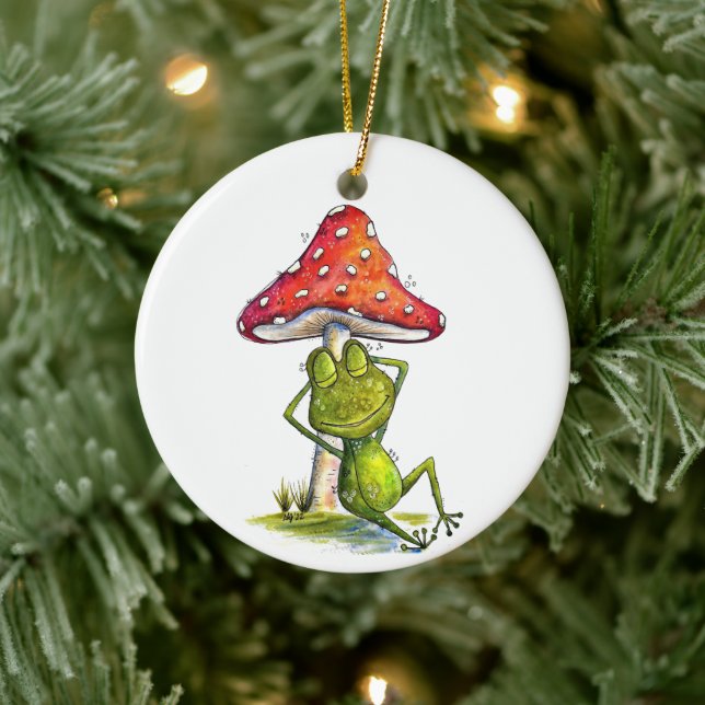 Whimsical sovande groda under en svamp julgransprydnad keramik (Träd)